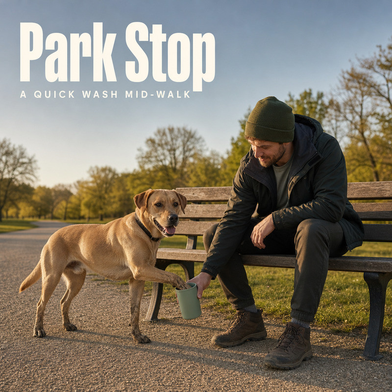Dog having a paw washed in a silicone cup during a stop at a park bench on a walk