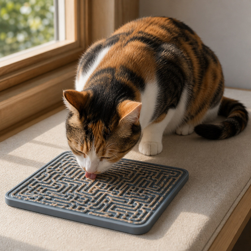 Cat licking soft food from a slate grey silicone lick mat on an indoor window bench, illustrating the cleaning and residue side of pattern choice