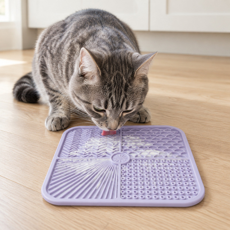 猫咪舔食四分区硅胶舔食垫，同一副模具上四种不同纹路结构的实际使用效果
