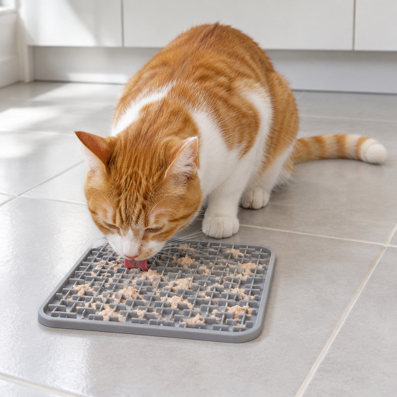 Cat licking food from a grey silicone lick mat placed on a kitchen tile floor, a typical suction surface