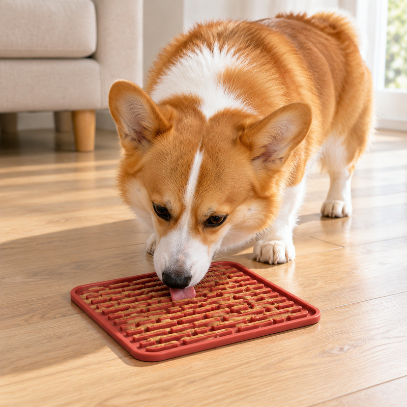 Dog licking a brick red silicone lick mat on a living room floor, showing the mat in a typical domestic setting