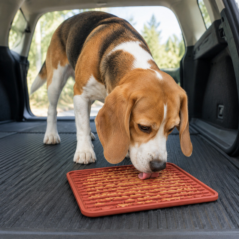 Dog using a brick red silicone lick mat inside the cargo area of a car