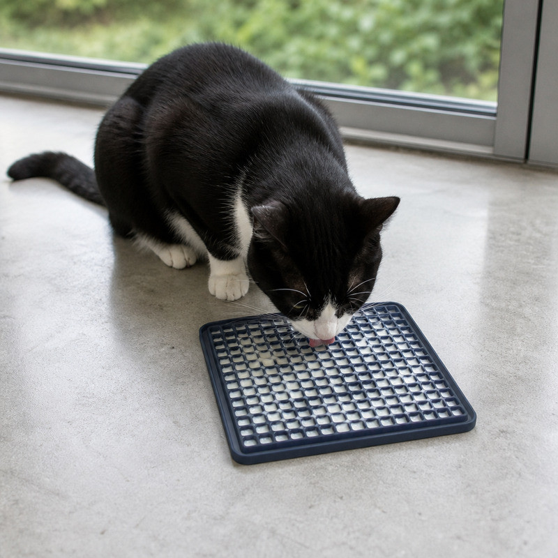 Cat licking a navy blue silicone lick mat with a waffle texture on a concrete floor