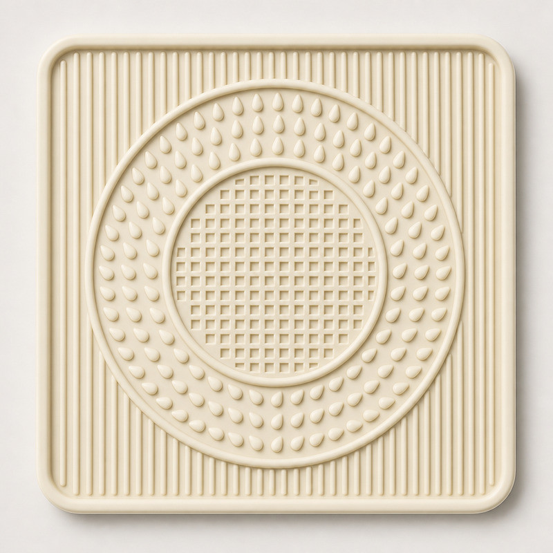 Ivory silicone lick mat with concentric ring grooves divided into three zones, showing widely spaced deep channels