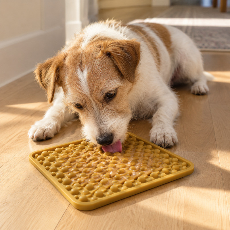 Small dog licking soft food from a mustard coloured silicone lick mat with a pebble texture on a wooden hallway floor