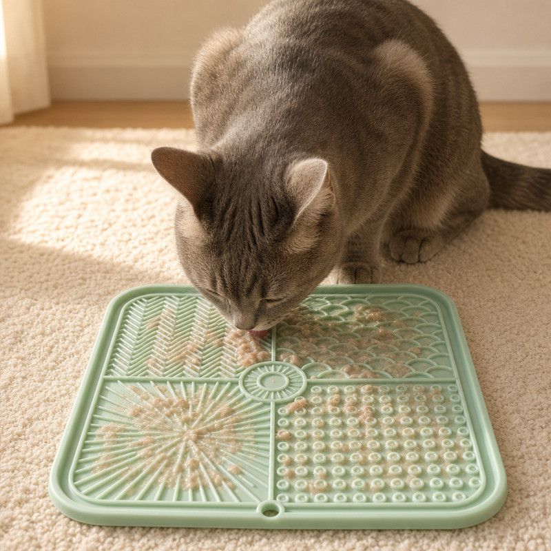 Cat licking a mint green four zone silicone lick mat on a carpeted floor at home