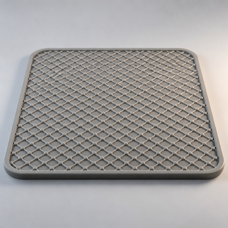Grey silicone lick mat with a fine diamond grid texture, showing closely spaced thin ridges across the whole surface
