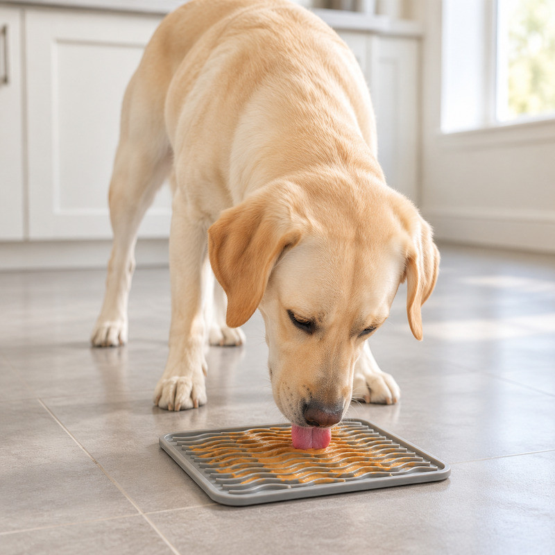 Dog licking a grey silicone lick mat with wave shaped grooves on a kitchen floor