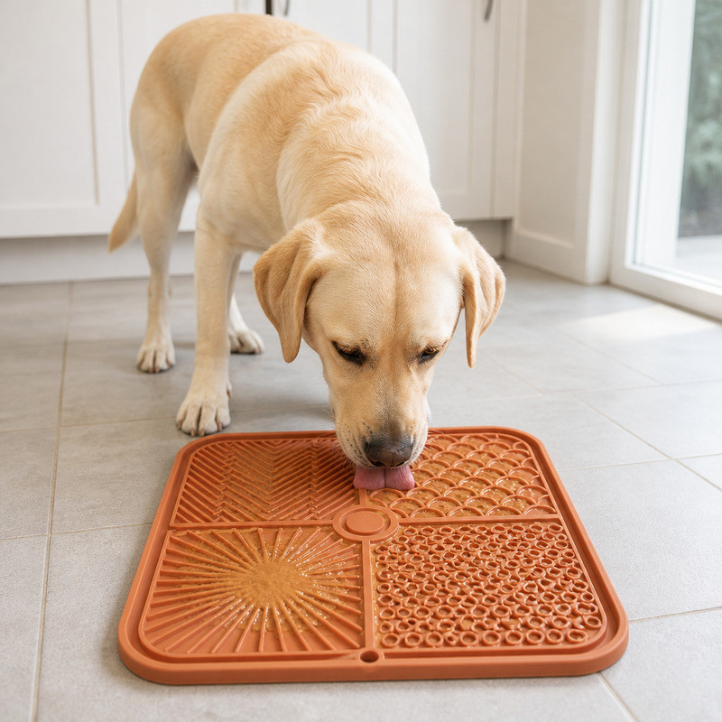 Dog licking food from a terracotta coloured silicone lick mat with four zones on a tiled floor