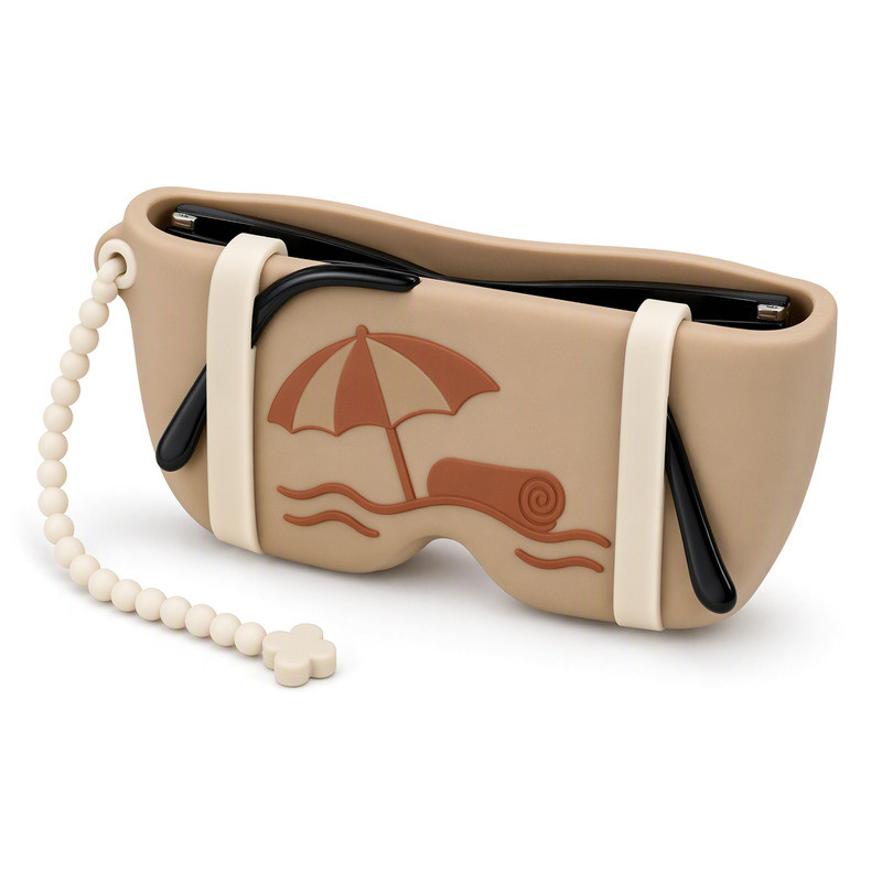 Sand coloured silicone sunglasses case with cream retaining bands, holding a pair of sunglasses