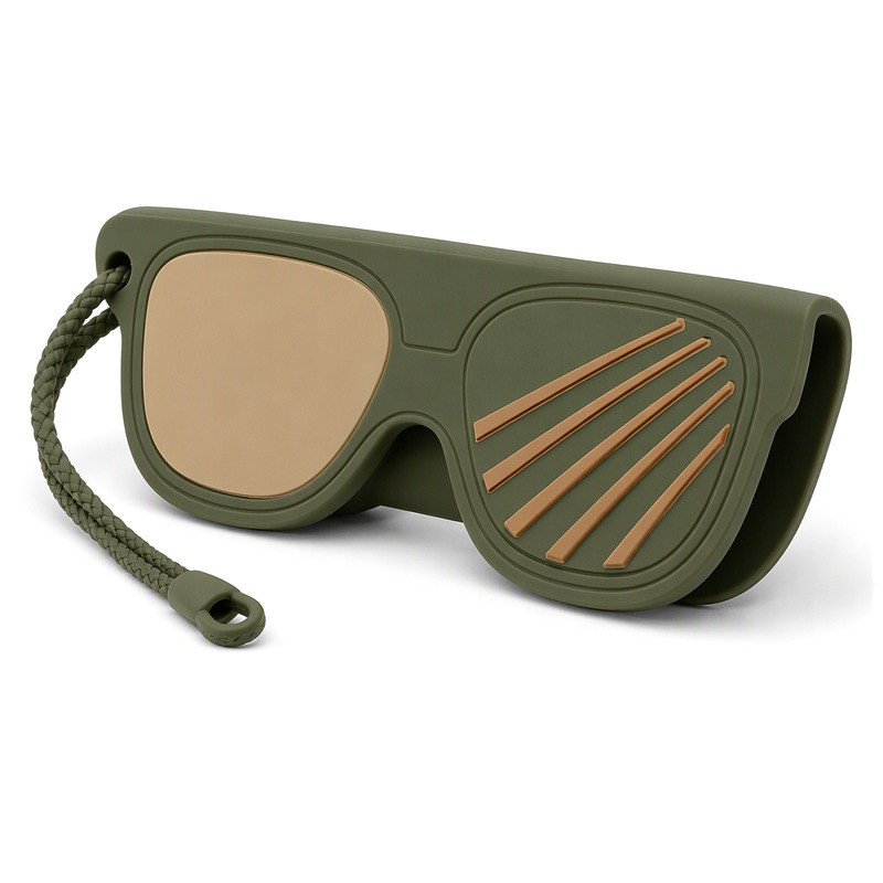 Olive green silicone sunglasses sleeve with a fan-shaped relief pattern and beaded carry strap