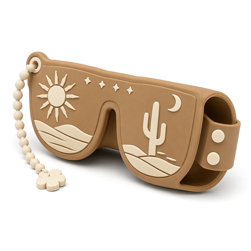 Sand coloured custom silicone sunglasses pouch with raised desert motif and cream edge band