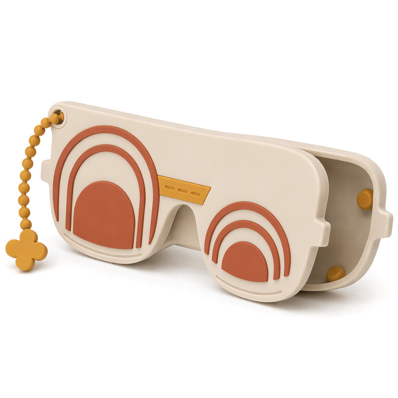 Ivory custom silicone sunglasses pouch with arched relief pattern and a beaded carry strap