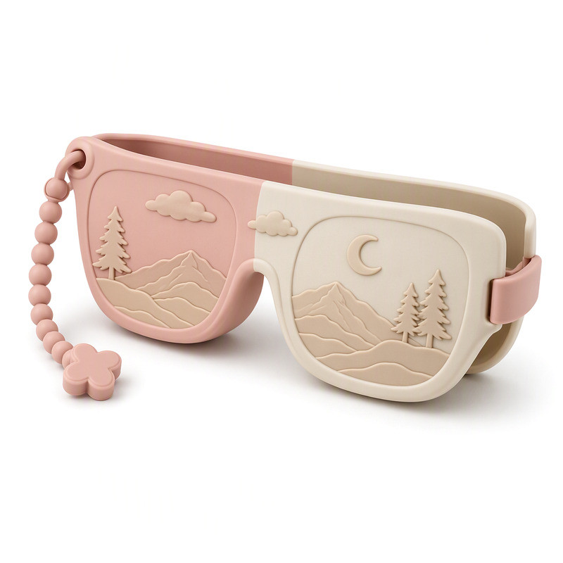 Blush and cream two-tone custom silicone sunglasses pouch with a split colour layout