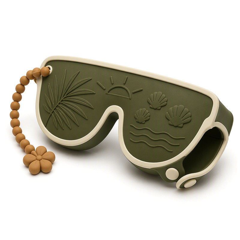 Olive green silicone sunglasses case with an ivory rim in a second colour and a beaded strap