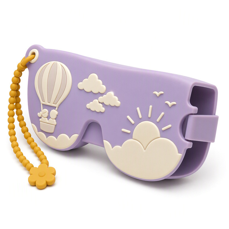 Lilac silicone sunglasses case with a moulded balloon motif and a matching beaded strap
