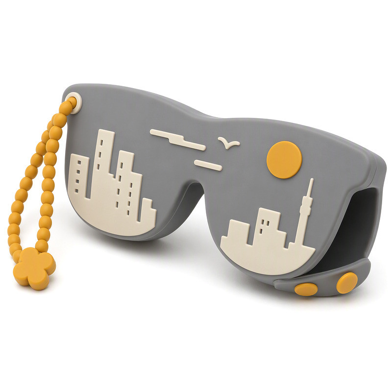 Grey silicone sunglasses case with a skyline relief pattern and cream accent band