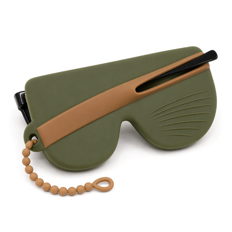 Olive silicone sunglasses holder with diagonal temple channel and tan beaded strap