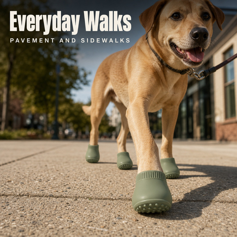 Dog wearing four silicone paw covers standing on a concrete sidewalk during an everyday walk