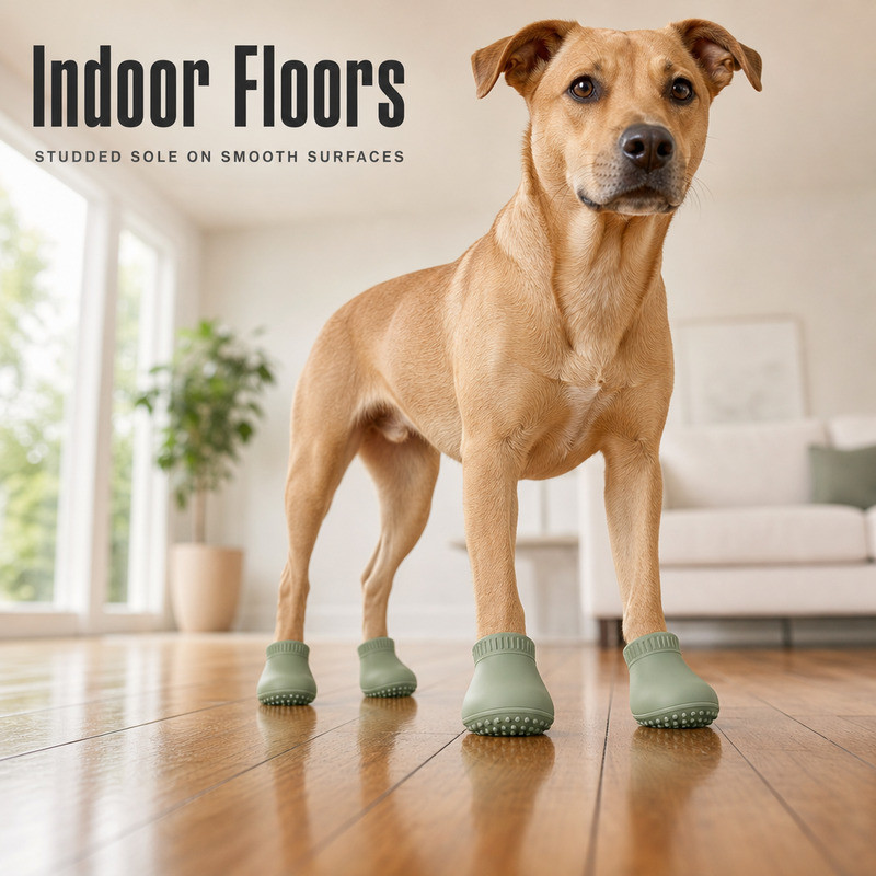 Dog wearing silicone paw covers standing on a smooth wooden indoor floor