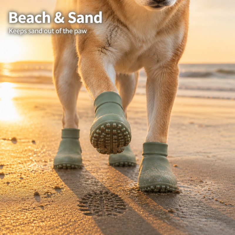 Dog walking on wet beach sand in silicone boots, with the studded soles pressing into the sand
