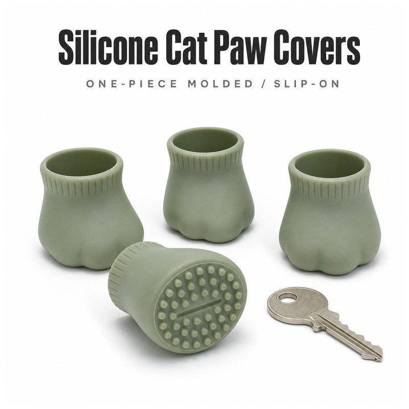 Four silicone cat paw covers on a white background with one inverted to show the studded sole and a key for scale
