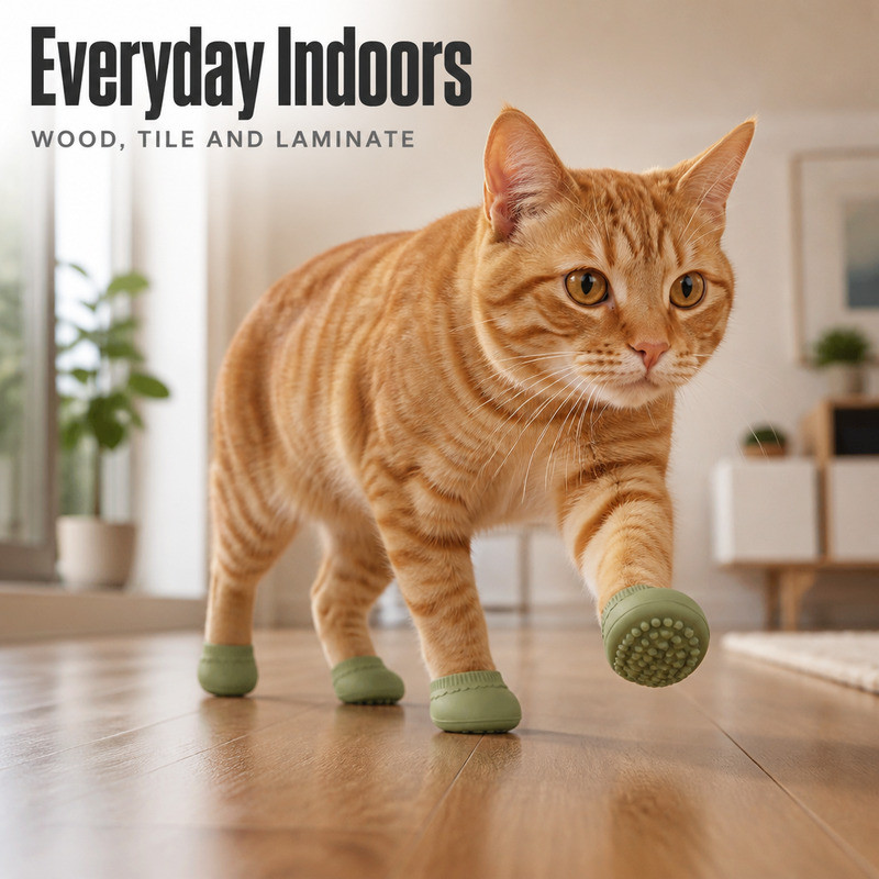 Cat walking on a wooden indoor floor wearing four thin silicone paw covers, one paw lifted mid-step