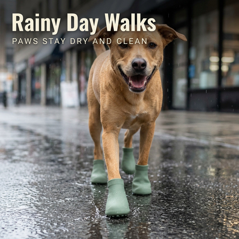 Dog walking towards the camera on a wet city pavement wearing four silicone boots in the rain