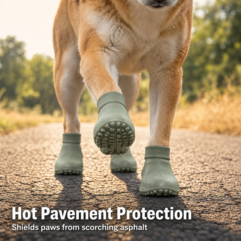 Close view of a dog wearing silicone boots walking on hot asphalt, showing the sole lugs in contact with the ground