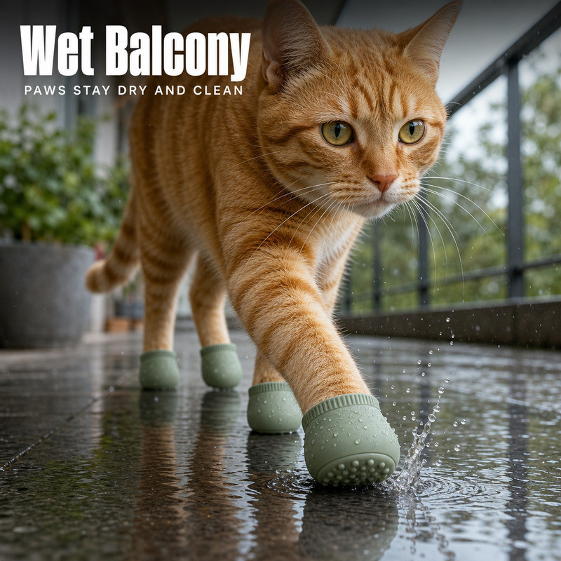Cat wearing silicone paw covers walking on a wet balcony floor with water splashing around the paws