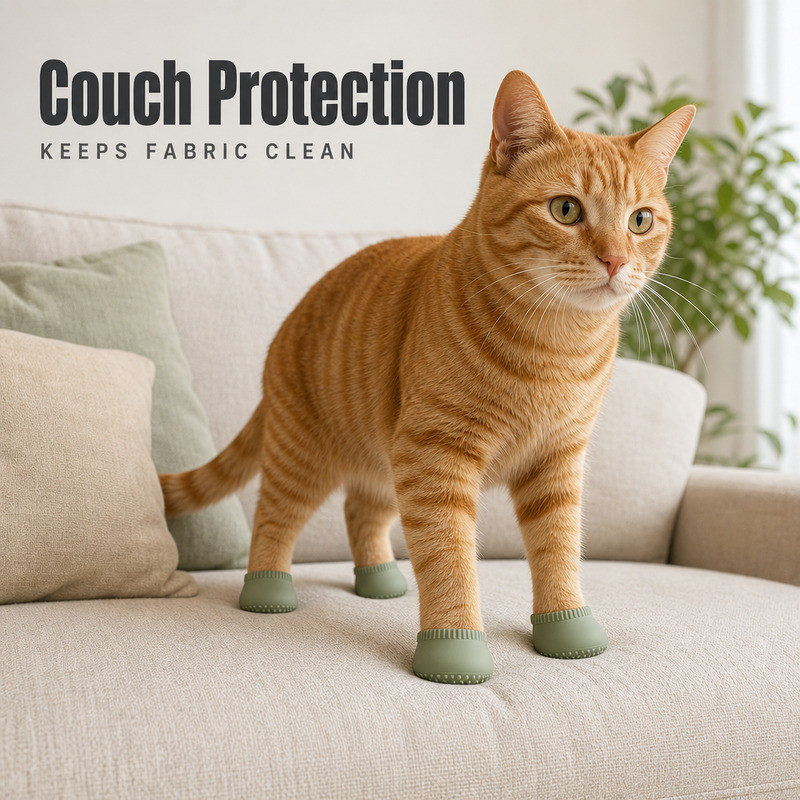 Cat standing on a fabric sofa wearing four silicone paw covers designed to keep the upholstery clean