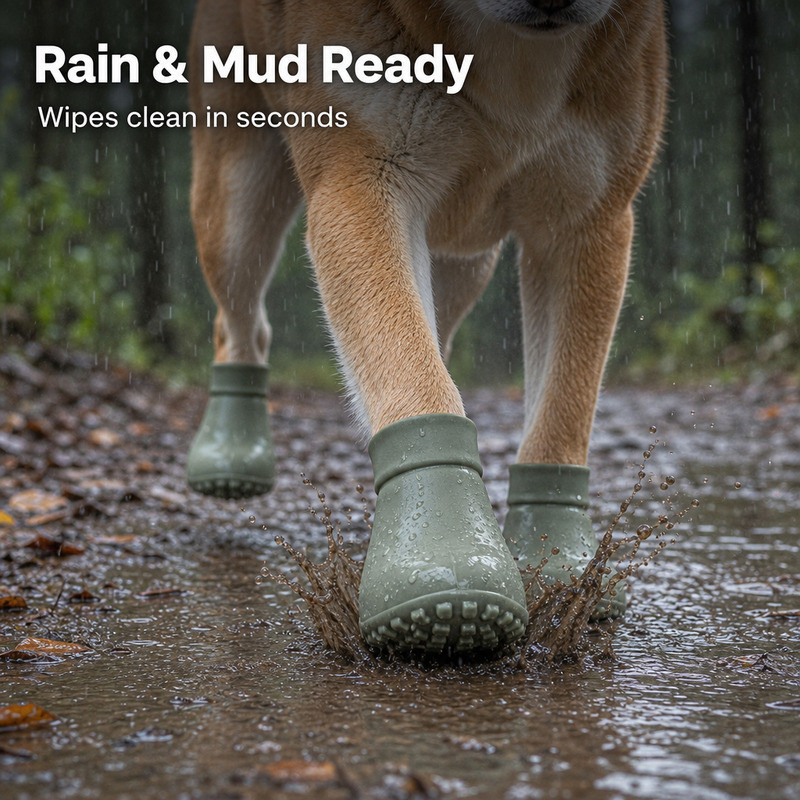雨天泥泞路面行走的犬只，硅胶脚套底部在踩踏与溅水中的形变状态
