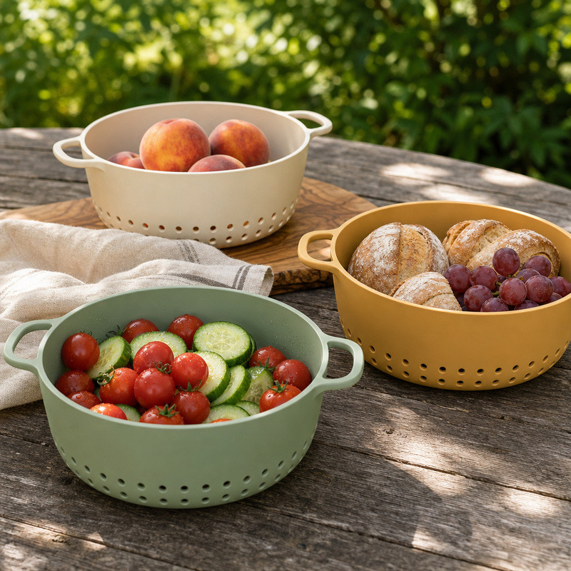 Silicone draining baskets on a wooden picnic table holding peaches, sliced cucumber and tomatoes, and bread with grapes