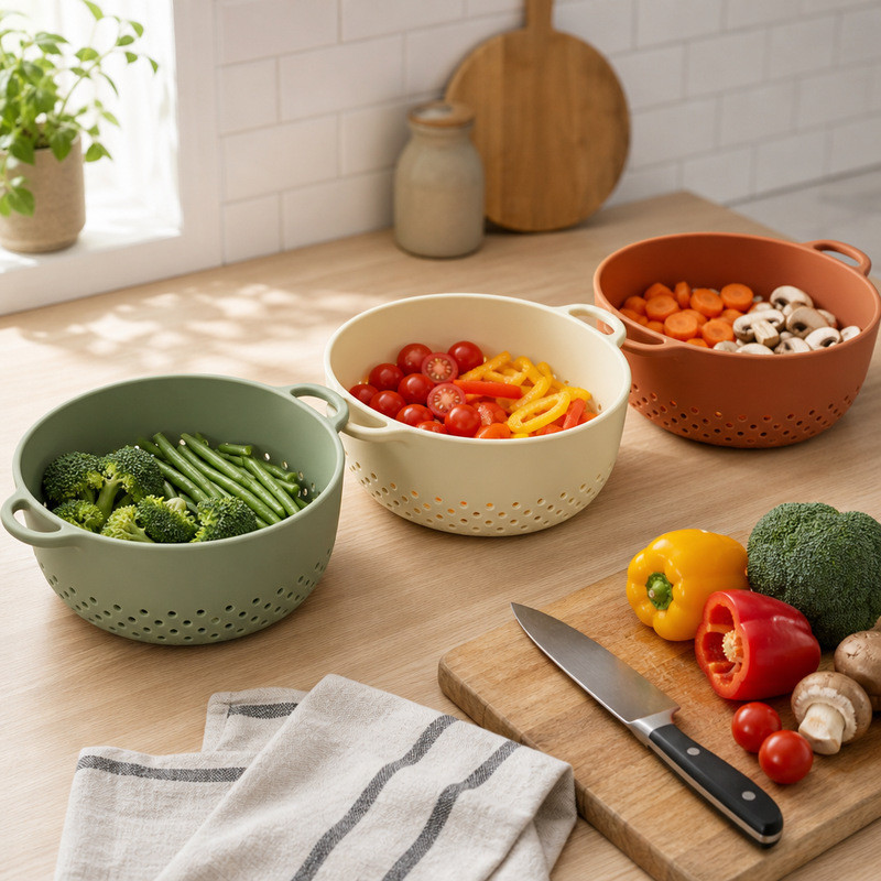 Green, cream and terracotta silicone draining baskets filled with broccoli, green beans, cherry tomatoes and sliced peppers on a kitchen worktop