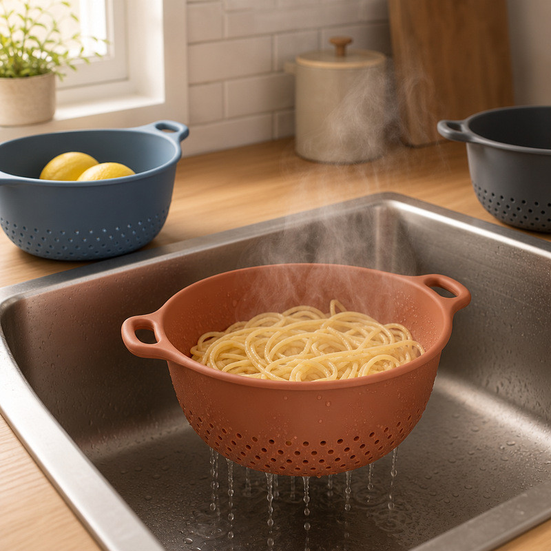 Hot spaghetti draining in a terracotta silicone colander in a sink, with steam rising and water falling through the base