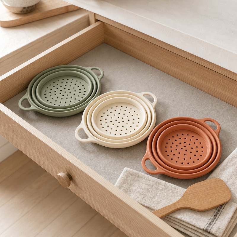 Three fully collapsed silicone colanders stacked flat inside a kitchen drawer next to folded linen and a wooden spatula