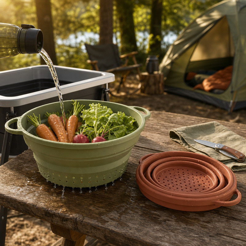 An opened sage green collapsible silicone colander full of carrots and lettuce being rinsed at a campsite, with a folded terracotta colander beside it