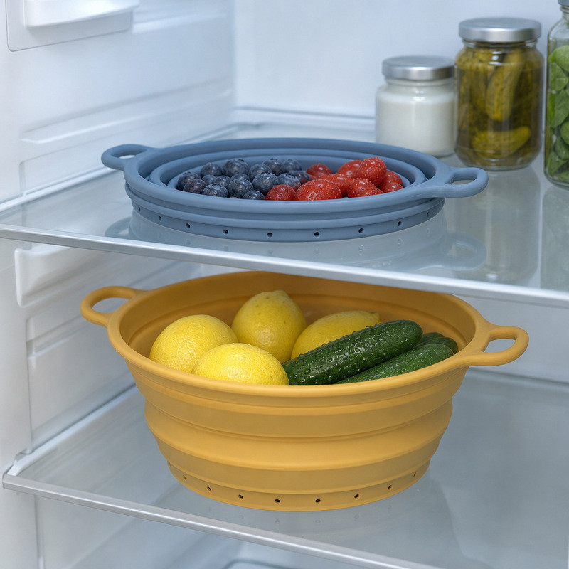 A collapsible silicone colander opened on a fridge shelf holding lemons and cucumbers, with a folded blue one stacked above holding berries