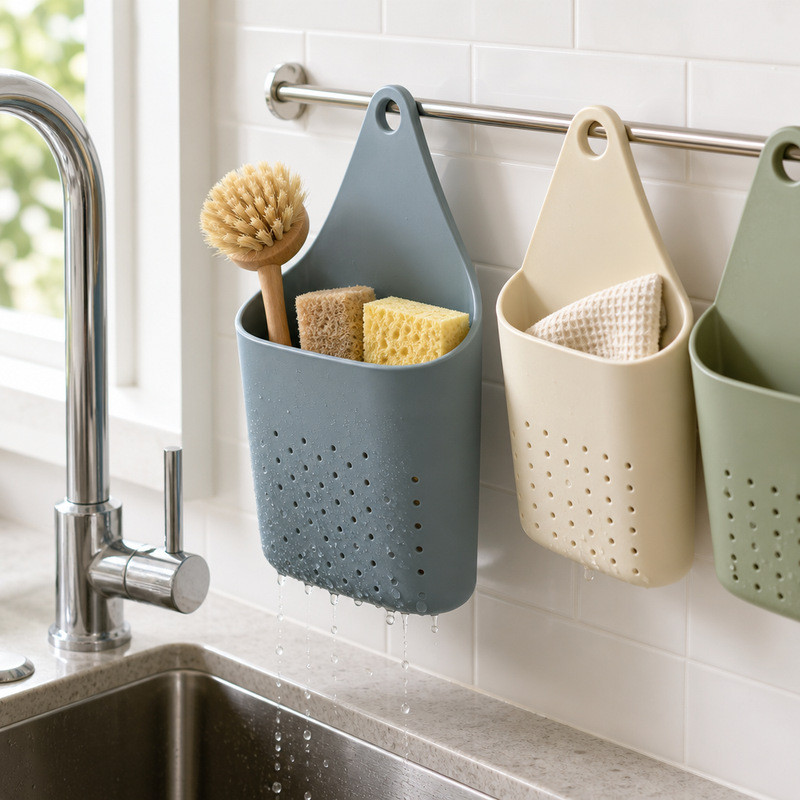 Three silicone hanging caddies on a rail beside a sink holding a dish brush, sponges and a folded cloth, with water dripping from the perforations