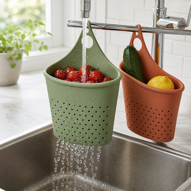 Two silicone hanging drain bags on a rail beside a tap, one green bag holding tomatoes under running water and one terracotta bag holding cucumber and lemon