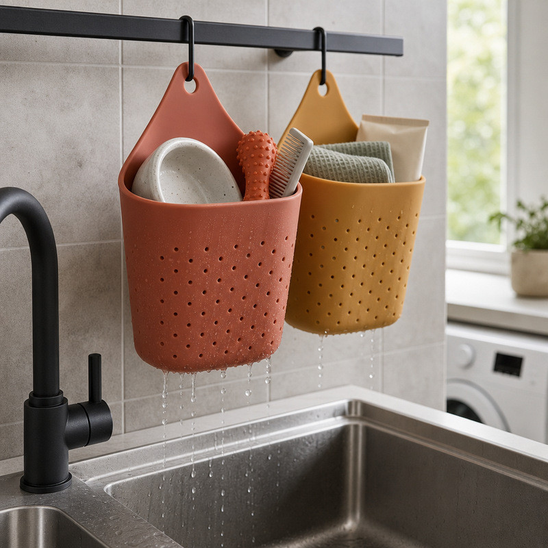 Two silicone hanging caddies in terracotta and mustard holding a dish brush, soap dish and folded cloths beside a kitchen sink
