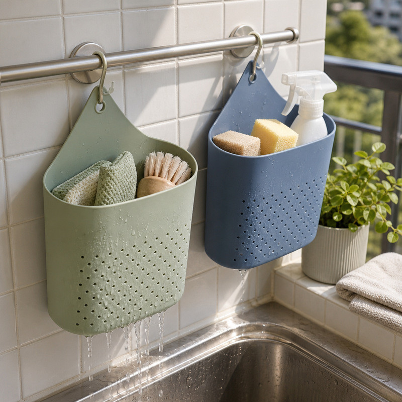 Two silicone hanging caddies on a wall rail holding cloths, sponges and a spray bottle beside a sink and potted plant