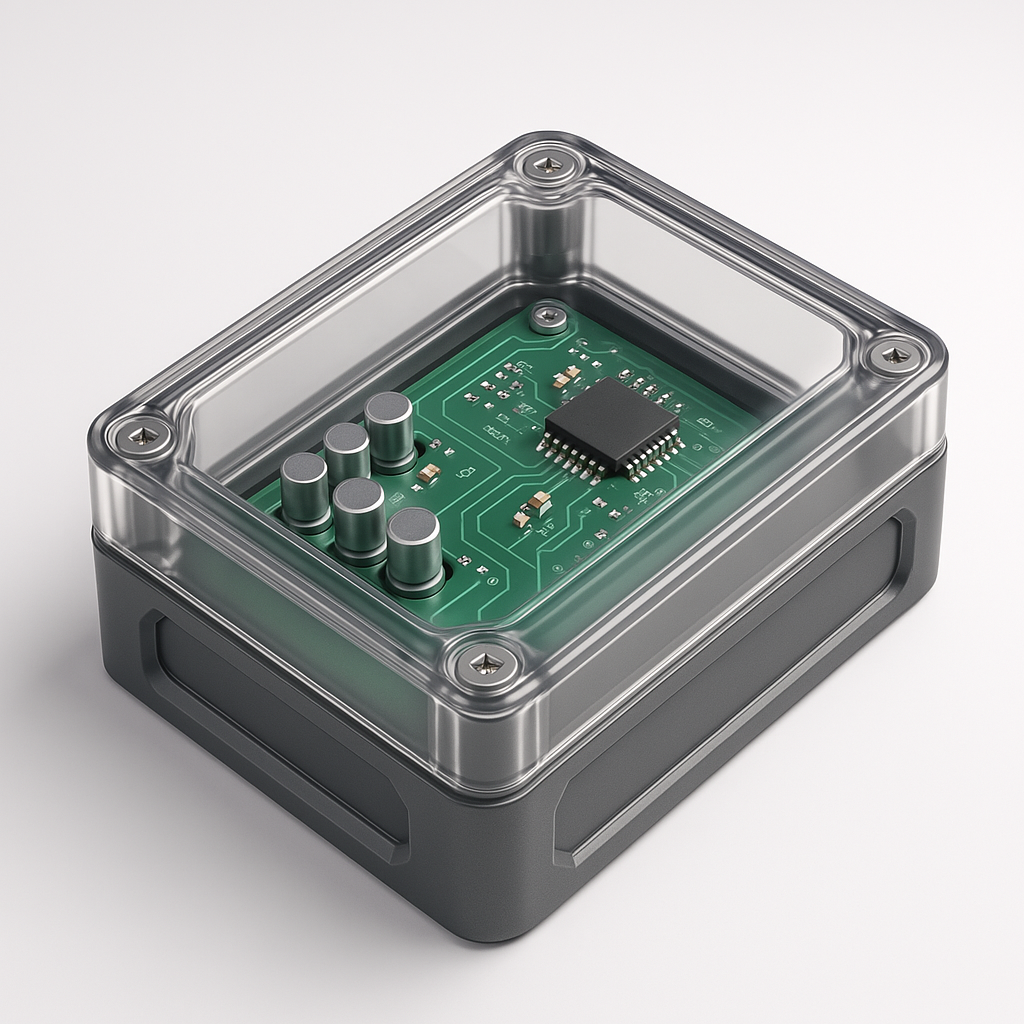 A high-resolution image of a sleek PCB enclosure housing a circuit board, showcasing precision molding