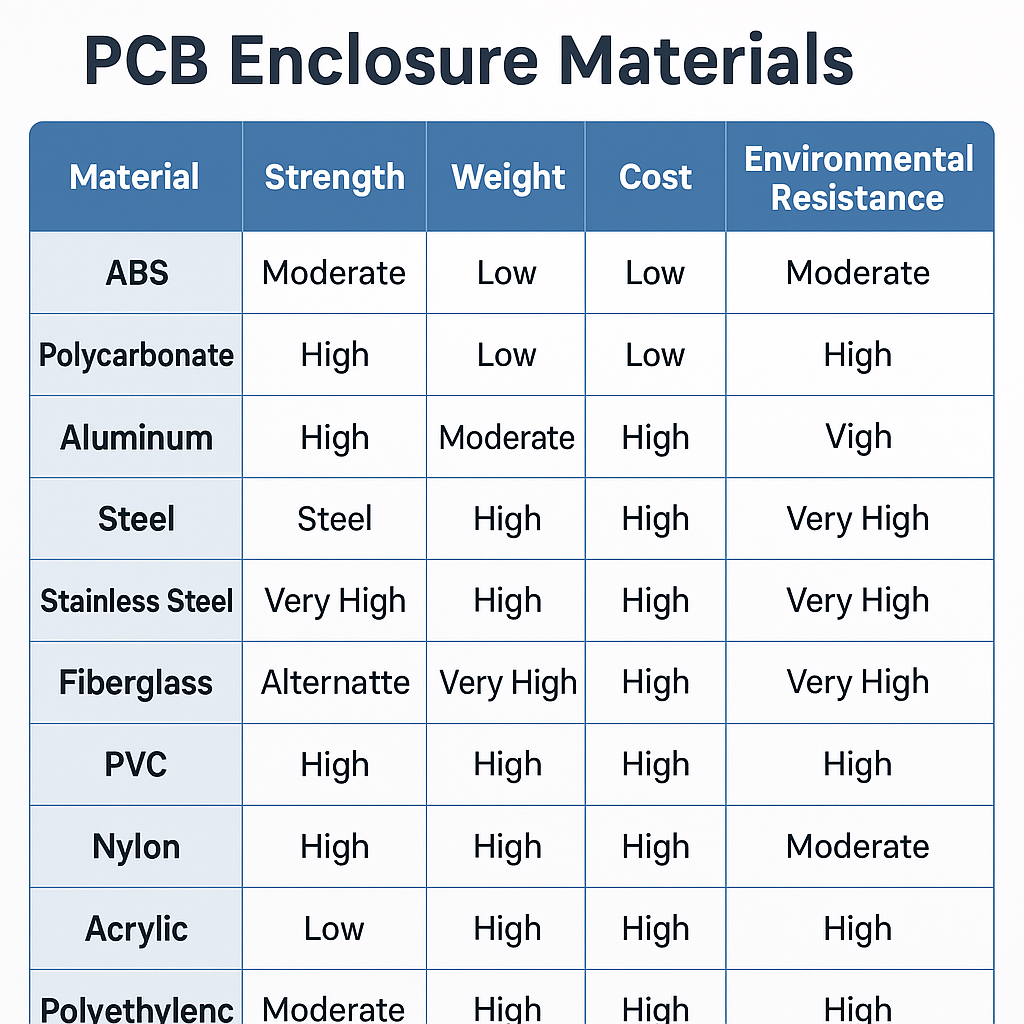 A comparison table of the 10 materials, highlighting key properties like strength, weight, and cost