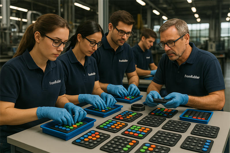 FromRubber team assembling conductive silicone buttons