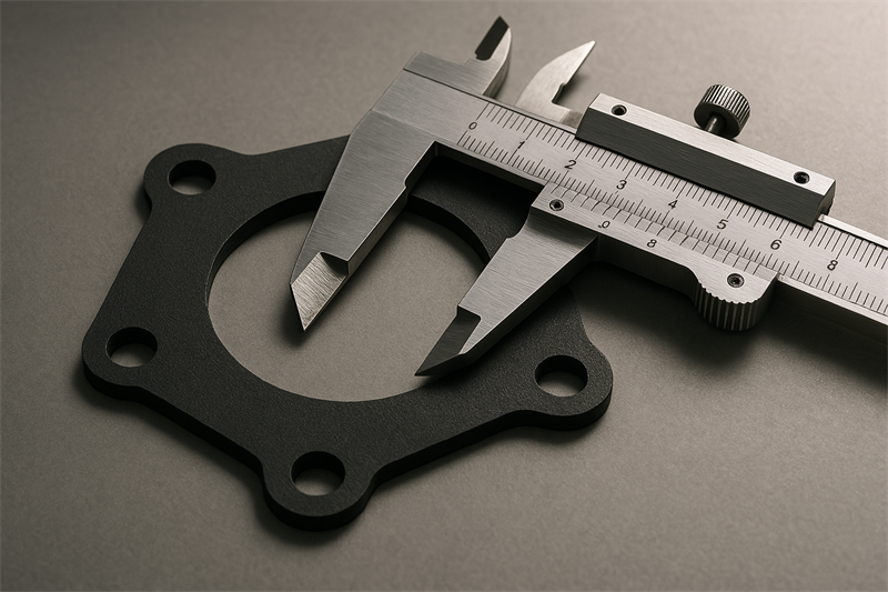 A close-up of a custom rubber gasket being measured with precision tools, showcasing its flexibility and durability.