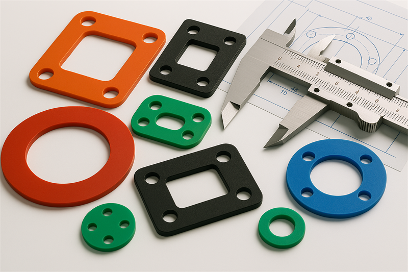An assortment of custom rubber gaskets in various shapes and sizes, displayed on a white background with industrial tools nearby.