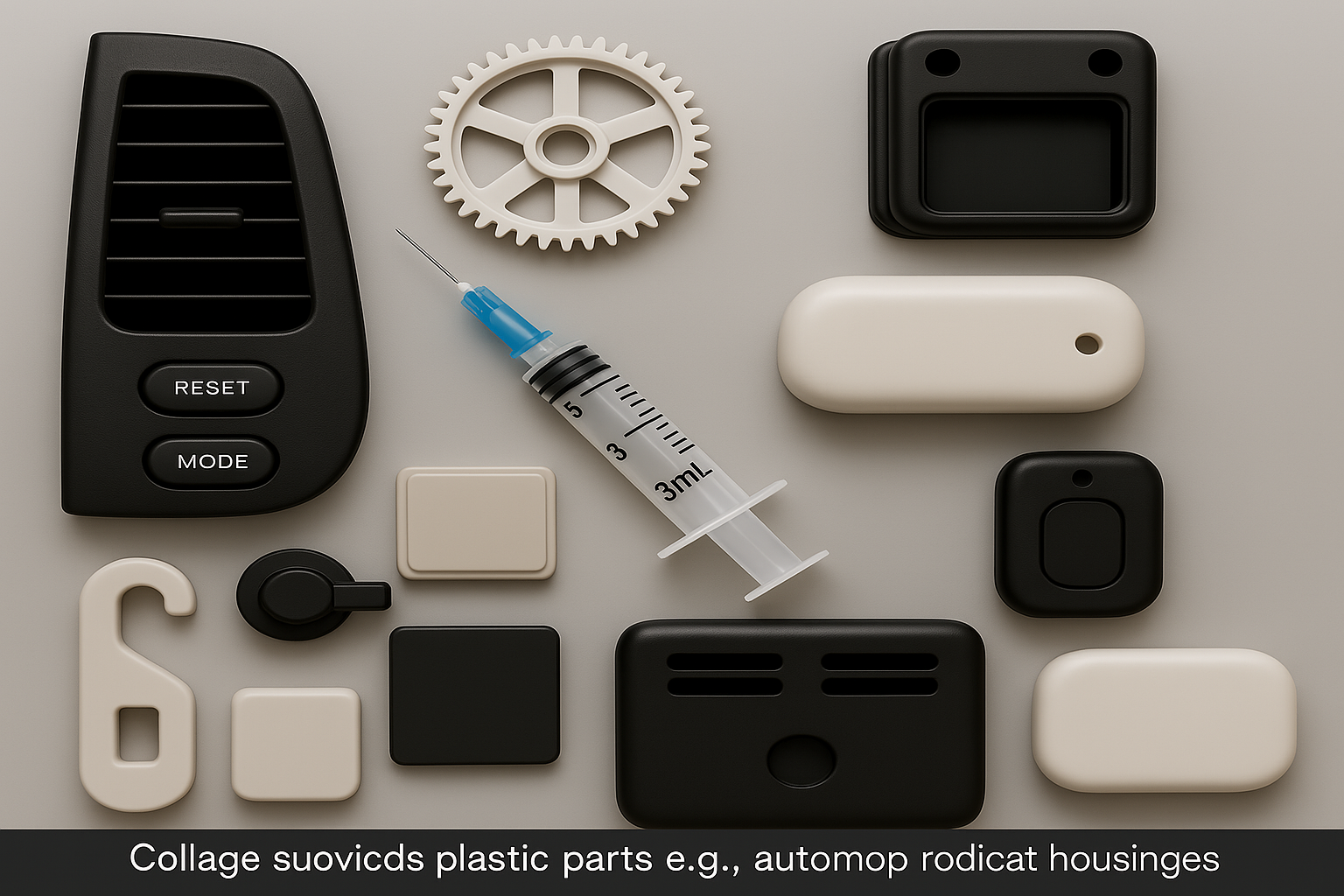 Collage of custom plastic injection-molded parts for automotive, medical, and consumer applications.