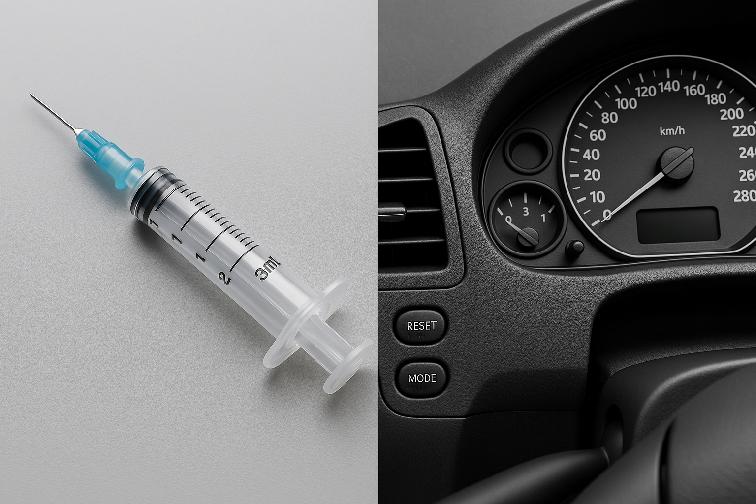 Medical syringe and automotive dashboard component showcasing precision in custom plastic injection molding.