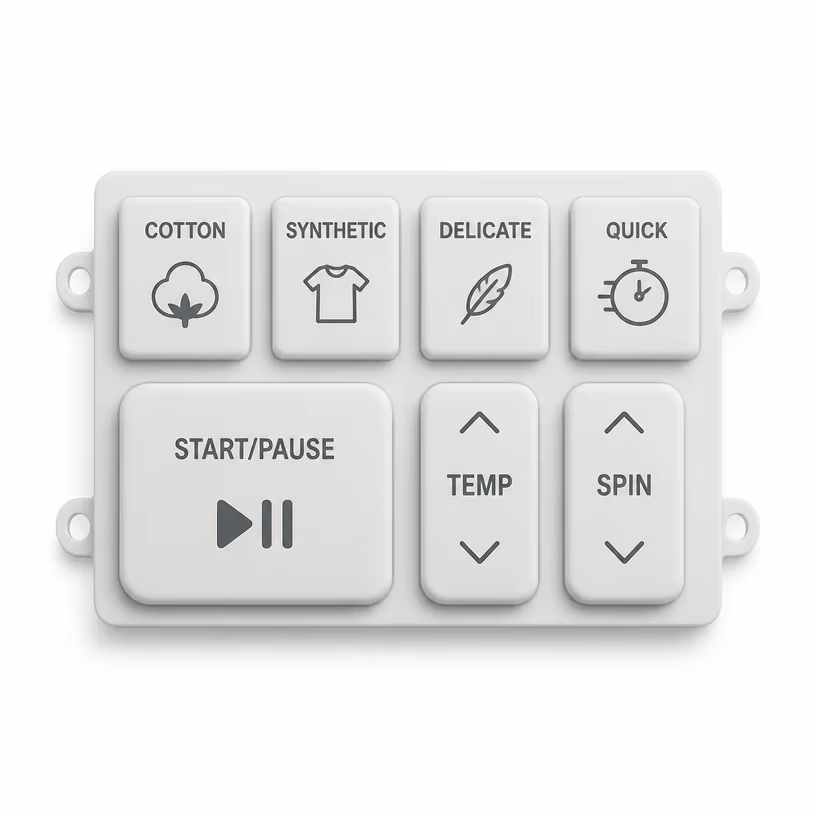 Silicone washer-dryer control panel with raised gray buttons